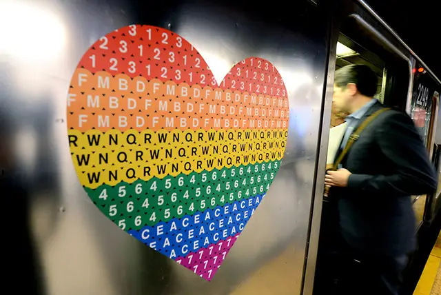 The MTA Pride logo on a 1 train
